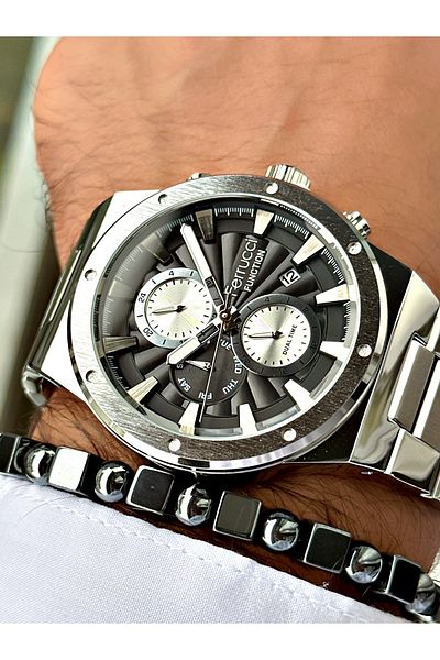Ferrucci Silver Color Functions Active Sports Steel Cord Men's Wrist Watch + Bracelet