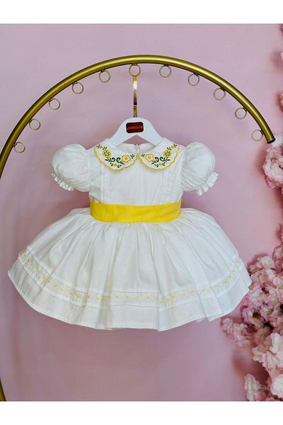 Hly Karol Tasarım Rochie albă pentru fetiță cu broderie florală pe guler, rochie de zi de naștere, rochie pentru ședințe foto, potrivită pentru 0-12 ani