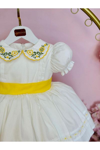 Hly Karol Tasarım Rochie albă pentru fetiță cu broderie florală pe guler, rochie de zi de naștere, rochie pentru ședințe foto, potrivită pentru 0-12 ani
