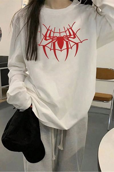Gofeel Λευκό Unisex Red Spider Web μακρυμάνικο μπλουζάκι