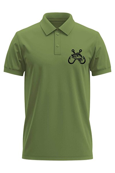 The Baski Μπλουζάκι με λαιμόκοψη χακί πόλο - στάμπα με γάντζο κυνηγιού ψαρέματος, 100% βαμβάκι, κανονική εφαρμογή