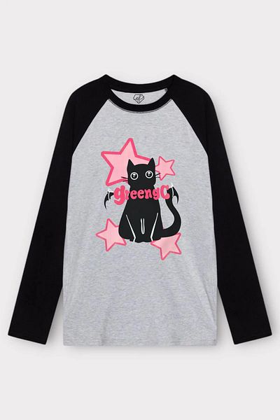 Gofeel Γκρι μαύρο Unisex Greengc Cat μακρυμάνικο μπλουζάκι