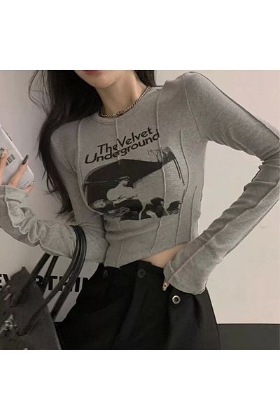 DarkellaStore Lolita Harajuku The Velvet Underground Long Sleeve Crop Blouse