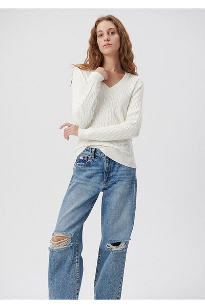 Mavi V-Neck White Sweater Slim Fit / Tight Cut 1710340-70057