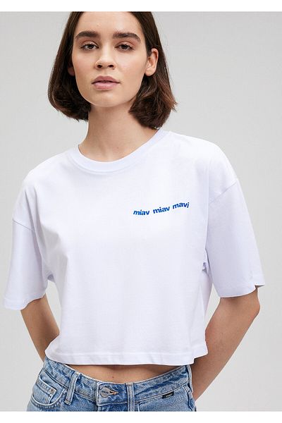 Mavi Miav Printed White Crop T-Shirt Oversize / Wide Cut 1611792-620
