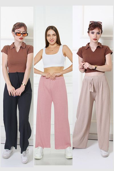 Rudaconcept Partea de jos de pijama confortabilă 3 buc, cu nervuri și partea de jos de pijama din 3 piese