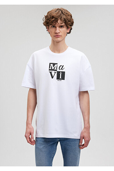 Mavi Logo Baskılı Beyaz Tişört Oversize / Geniş Kesim 0612005-620