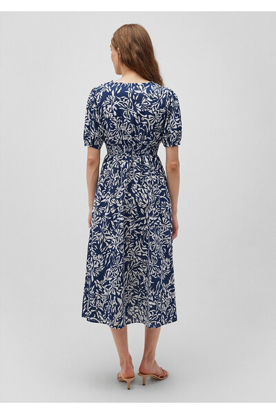 Mavi V Yaka Baskılı Lacivert Elbise 1310383-88208