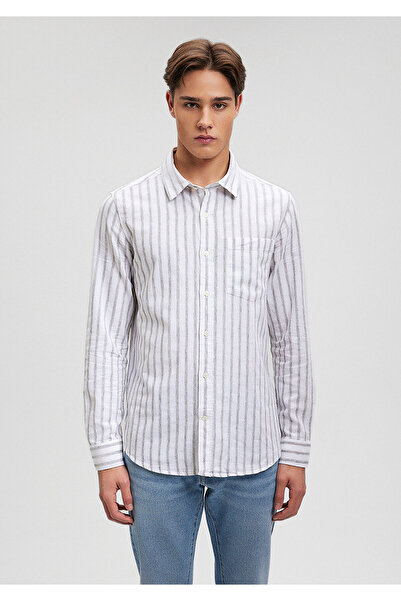 Mavi Keten Karışımlı Çizgili Gri Gömlek Slim Fit / Dar Kesim 0210871-80018