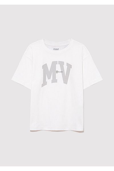 Mavi Λευκό μπλουζάκι με τυπωμένο λογότυπο Mv Loose Fit / Loose Relaxed Fit 6610213 -70057