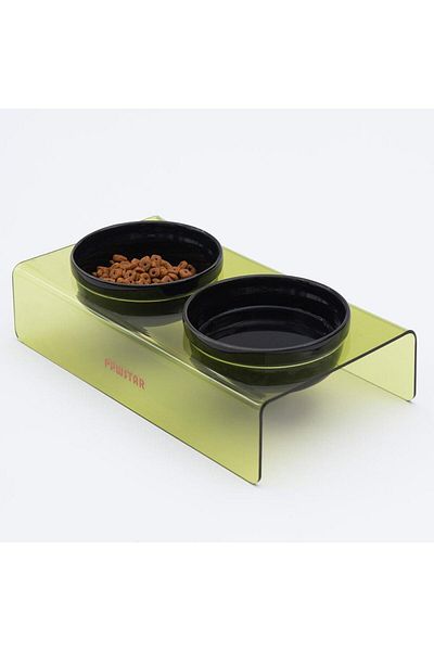 Pawstar Transparent Green Double - Ceramic Plexi Food and Water Bowl, Cat and Dog Food Water Bowl