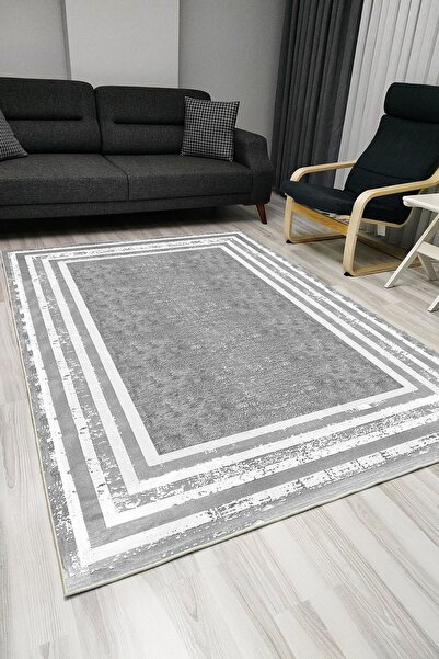 kilim home Mars 101 Gri Desen Üzerinde Beyaz Şeritli Klasik Dekoratif Kaymaz ...