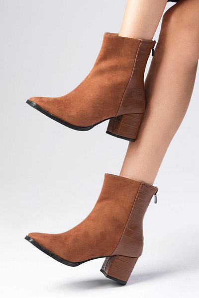 Mio Gusto Bianca Tan Wildleder- und Krokodilmuster-Kombination, stumpfe Zehenpartie, kurze Damenstiefel mit Absatz