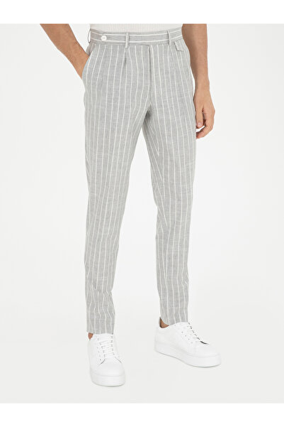 Cacharel Açık Gri Dad Fit Çizgili Keten Karışımlı Pantolon 50284601-VR001
