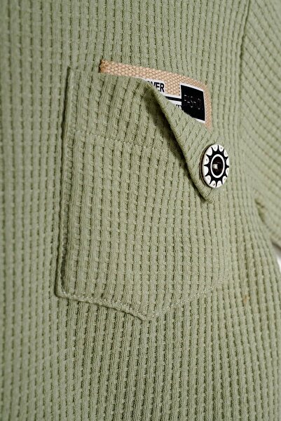 zepkids Crew Neck Long Sleeve Embroidered Sleeve and Elastic Leg Cagla Green Color Boy's Double Set