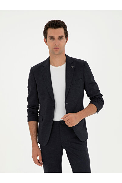Cacharel Koyu Lacivert Slim Fit Mikro Desenli Yün Karışımlı Ceket 50284835-VR100