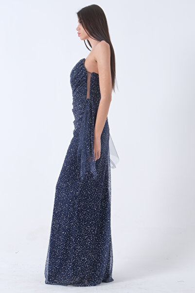 Feminist Βραδινό φόρεμα με γκλίτερ ντραπέ από τούλι και πέτρα με λεπτομέρειες Navy Blue 9705332