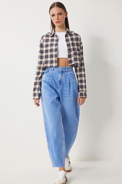 Happiness İstanbul Blaue Baggy-Jeanshose mit hoher Taille für Damen UT00021