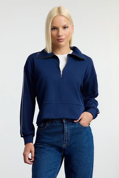 Trendyol Collection Гъвкав тъмносин плетен суитшърт с цип - нормална кройка Twoaw25Sw00213