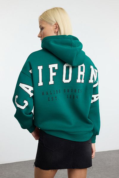 Trendyol Collection Σμαραγδένιο Πράσινο Fleece Πλεκτό Φούτερ - Εκτύπωση Σύνθημα, Φαρδιά Εφαρμογή TWOAW25SW00180
