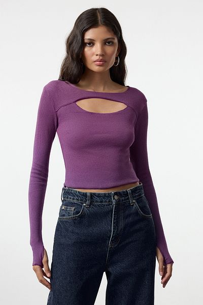 Trendyol Collection Ελαστική ριμπ μωβ πλεκτή μπλούζα Crop - με λεπτομέρεια παραθύρου, εφαρμογή στο σώμα TWOSS21BZ0042