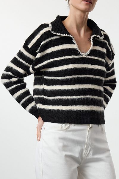 Edit by Trendyol Polo Neck Striped Soft Knitwear Sweater - Black Tedaw25Kz00020