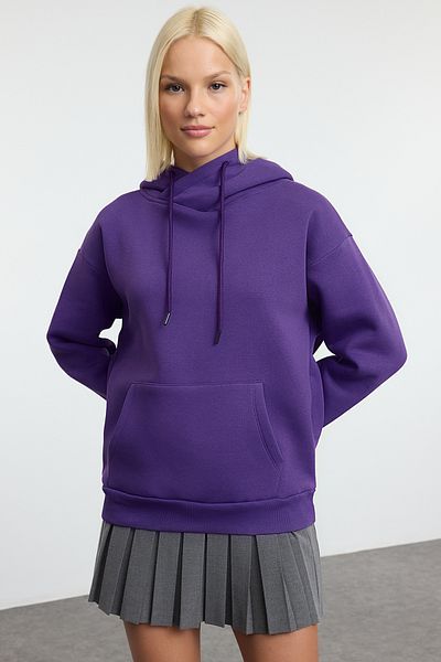 Trendyol Collection Purple Fleece Oversize Sweatshirt - Collar Detail, Kangaroo Pocket, Thick Inside - Twoaw25Sw00203