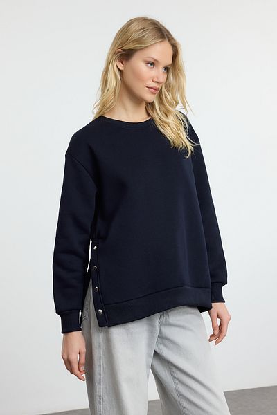 Trendyol Collection Fleecová pletená mikina pohodlného střihu – námořnická modř, zapínání na zapínání, tlusté vnitřní Twoaw25sw00261
