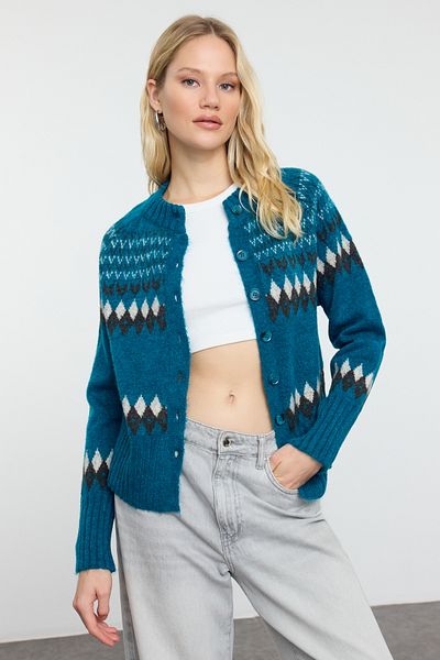 Trendyol Collection Cardigan din tricot moale cu model geometric - albastru TWOAW25HI00331