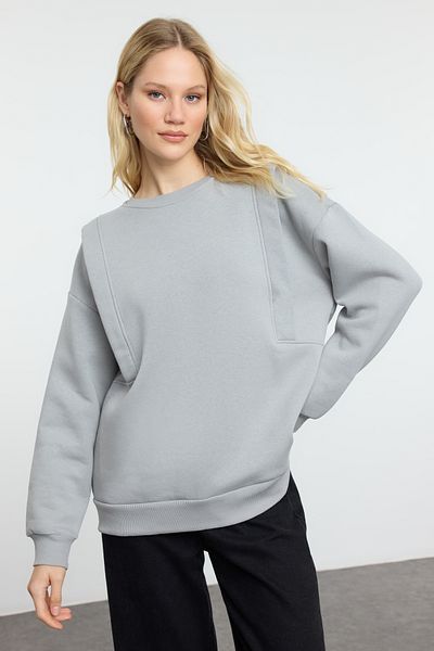 Trendyol Collection Gray Thick Fleece Inside Relaxed Fit Sleeve Detailed Knitted Sweatshirt