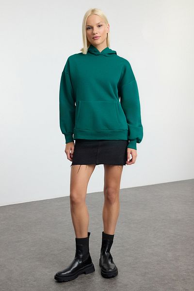 Trendyol Collection Σμαραγδένιο Πράσινο Fleece Πλεκτό Φούτερ - Εκτύπωση Σύνθημα, Φαρδιά Εφαρμογή TWOAW25SW00180