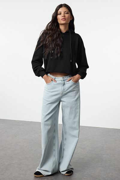 Trendyol Collection Дебел плетен черен суичър с цип - с качулка, без панделка - Twoaw25Sw00219