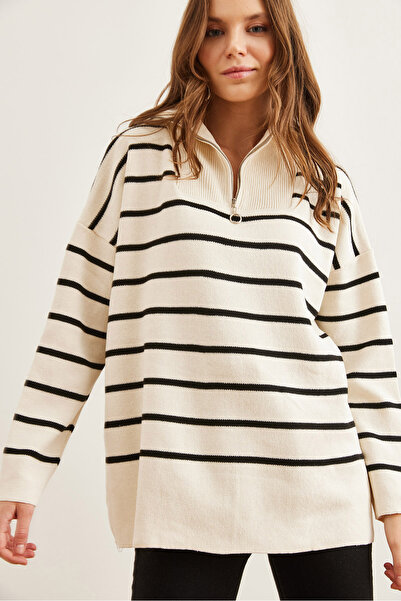 Olalook Pulover supradimensionat cu dungi negre ecru - guler vertical, cu fermoar KZK- 19000847