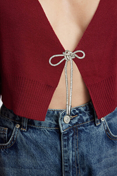 Trendyol Collection Czerwony, dzianinowy kardigan z kokardą w kolorze claret red - Twoaw24Hi00315