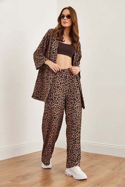 Olalook Women's Camel Black Top Jacket Bottom Palazzo Leopard Suit Tkm- 19000310