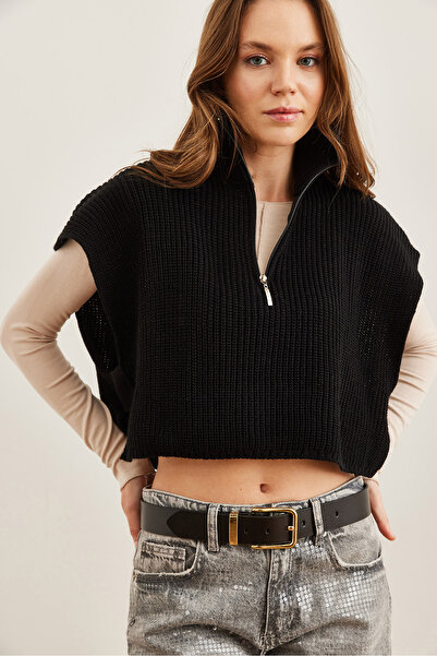 Olalook Women's Black Zippered Stand Collar Side Banded Sweater Svt- 00000037