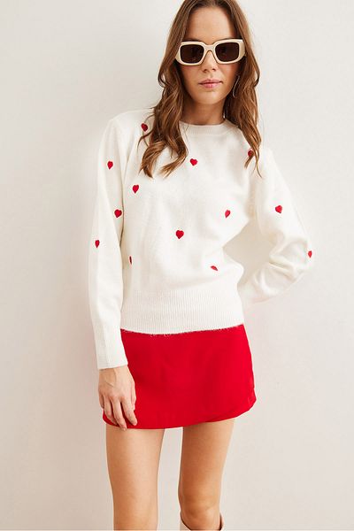 Olalook Damen-Strickpullover in Weiß-Rot mit Herz-Stickerei und weicher Textur KZK- 19000843