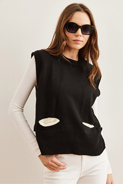 Olalook Жіночий чорний светр-жилет з боковими ґудзиками YLK19000030