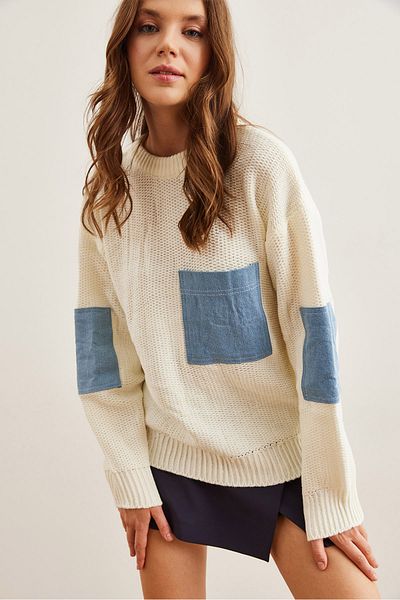 Olalook Ecru Denim Garnished Pocketed Loose Knitwear Sweter Damski - Kzk- 19000837