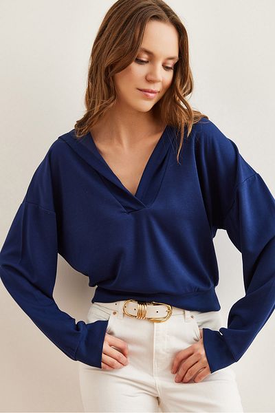Olalook Marineblaue Crop-Modal-Bluse mit Kapuze und V-Ausschnitt für Damen BLZ- 19002756