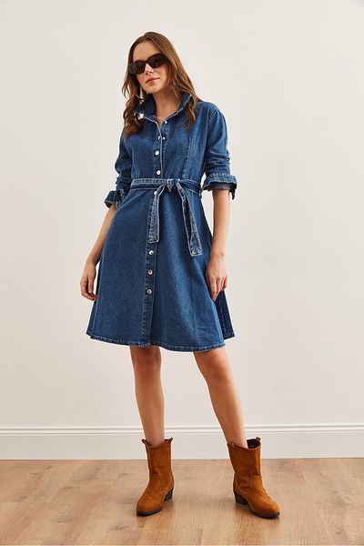 Olalook Rochie de damă din denim evazată cu curea albastru închis cu buzunare ELB- 19002267