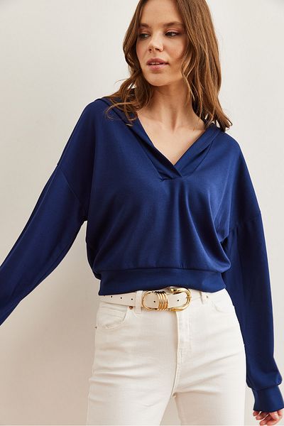 Olalook Marineblaue Crop-Modal-Bluse mit Kapuze und V-Ausschnitt für Damen BLZ- 19002756