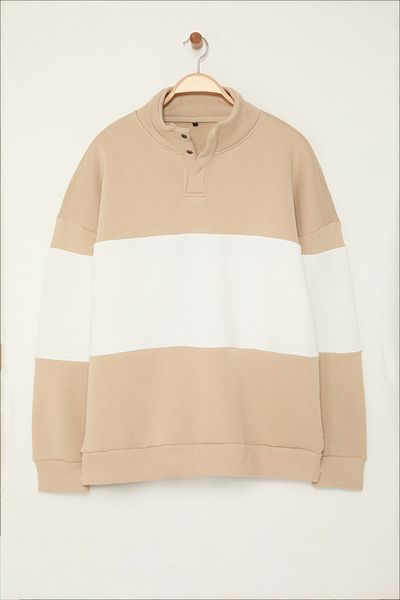 Trendyol Collection Color Blocked Stand Collar Fleece Oversize Sweatshirt - Large Size Tmnaw25Ao00033