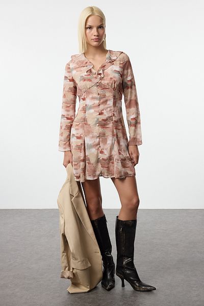 Trendyol Collection A-Line Abstract Pattern Καφέ Μίνι Φόρεμα - Φόδρα, Υφαντό, Twoaw25El00477