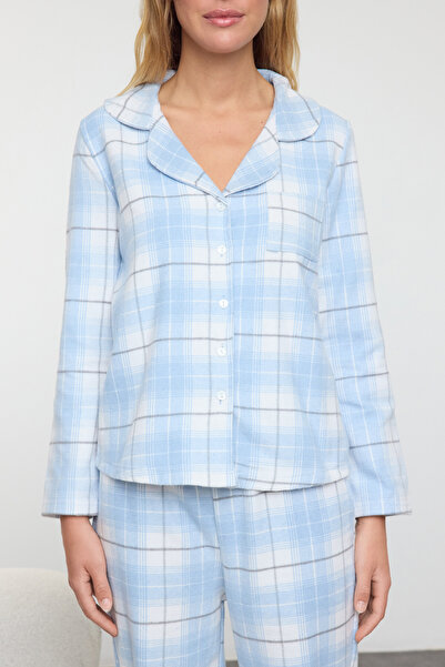 Trendyol Collection Modro-vícebarevná bavlněná kostkovaná kapsa Detail flanelového tkaného pyžama Thmaw25Pt00182