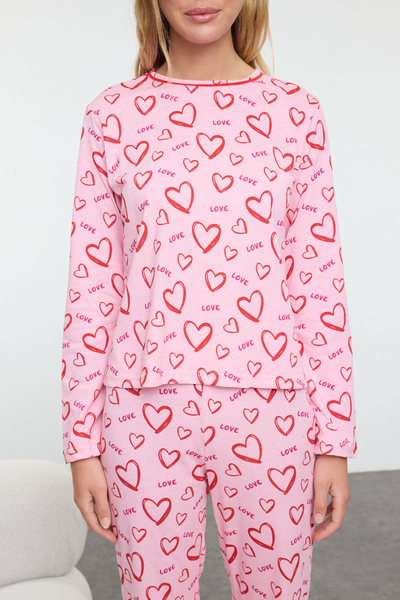 Trendyol Collection Růžová-vícebarevná 100% bavlna srdce lemování Detailní pletená sada pyžama Thmaw25Pt00191