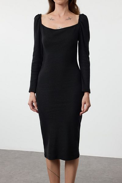 Trendyol Collection Flexible Black Midi Knitted Dress - Balloon Sleeve, Fitted Twoaw25el00554