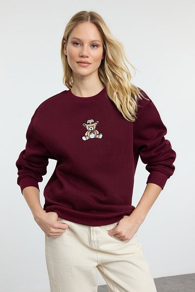 Trendyol Collection Burgunderrot Normales/Normal geformtes, dickes Strick-Sweatshirt mit Stickerei TWOAW25SW00050