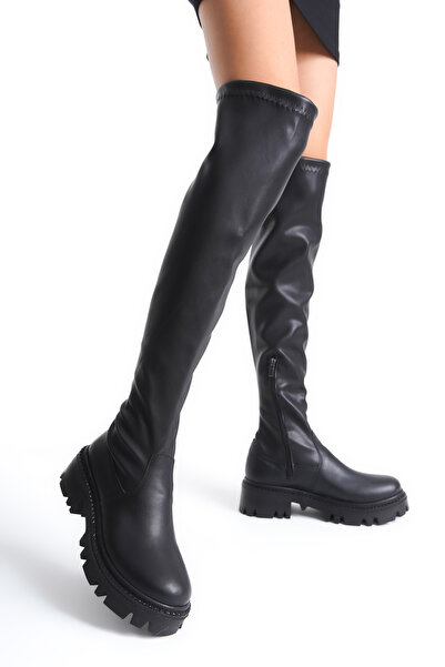 TRENDYOL SHOES Overknee-Damenstiefel ve Schwarz Mit Dicker Sohle - Takaw25Cz00014
