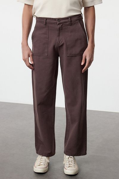Trendyol Collection Καφέ 100% βαμβακερό ίσιο παντελόνι φαρδύ με λεπτομέρεια τσέπης TMNAW25PL00013